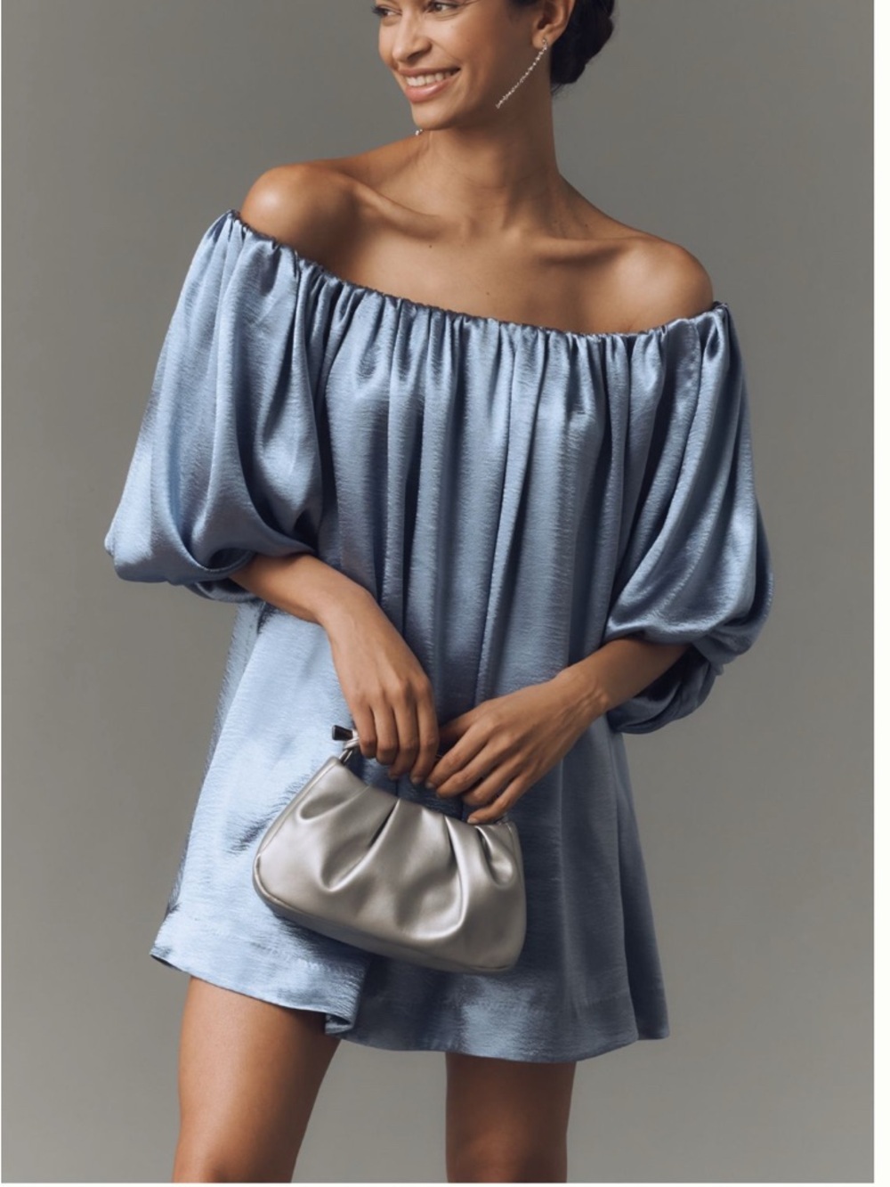 Mare Mare Off-The-Shoulder Puff-Sleeve Shine Mini Dress Sz XSP NWT wedding flowy